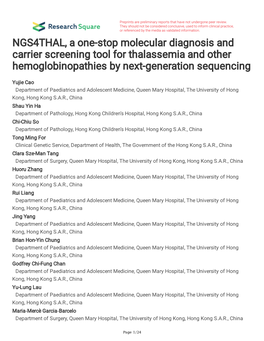 NGS4THAL, a One-Stop Molecular Diagnosis and Carrier Screening Tool for Thalassemia and Other Hemoglobinopathies by Next-Generation Sequencing