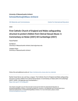 First Catholic Church of England and Wales Safeguarding Structure to Protect Children from Clerical Sexual Abuse: a Commentary on Nolan (2001) Till Cumberlege (2007)