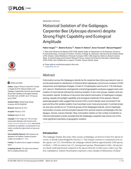 Xylocopa Darwini) Despite Strong Flight Capability and Ecological Amplitude