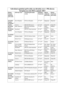 Schválené Spoločné Poľovačky Na Diviačiu Zver V PR Okresu Krupina Na Rok 2016 a Január 2017