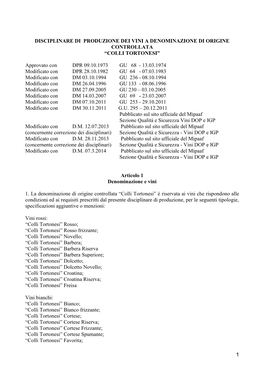 Disciplinare Di Produzione Dei Vini a Denominazione Di Origine Controllata “Colli Tortonesi”