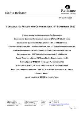 Consolidated Results for Quarter Ended 30Th September, 2020