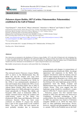 Palaemon Elegans Rathke, 1837 (Caridea: Palaemonoidea: Palaemonidae) Established in the Gulf of Finland