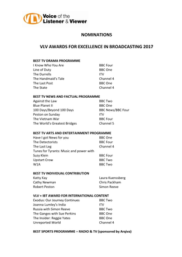 Nominations Vlv Awards for Excellence in Broadcasting