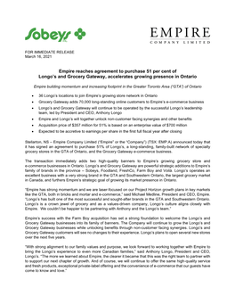 Empire Reaches Agreement to Purchase 51 Per Cent of Longo's