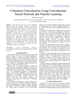 Coleoptera Classification Using Convolutional Neural Network and Transfer Learning