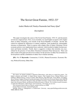 The Soviet Great Famine, 1932–33(Joint with Andrei Markevichy