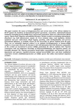 Disappearance of African Elephant from Kainji Lake National Park, Nigeria: Causes, Status and Prospects for Reintegration