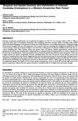 Temporal and Spatial Diversity and Distribution Ot Arboreal Carabidae (Coleoptera) in a Western Amazonian Rain Forest1