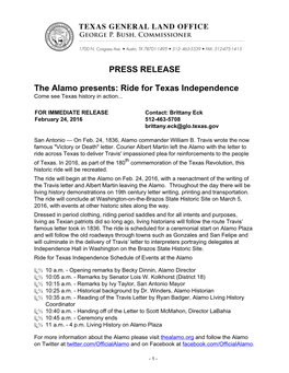 PRESS RELEASE the Alamo Presents: Ride for Texas Independence