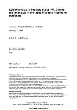 Leishmaniasis in Tuscany (Italy) : VI., Canine Leishmaniasis in the Focus of Monte Argentario (Grosseto)