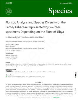 Floristic Analysis and Species Diversity of the Family Fabaceae Represented by Voucher Specimens Depending on the Flora of Libya