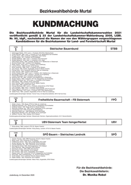 Bezirkswahlbehörde Murtal KUNDMACHUNG