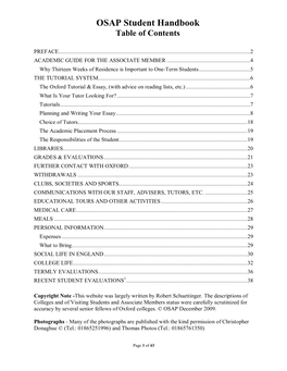 OSAP Student Handbook Table of Contents