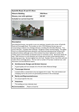 Sackville Road, 25 and 27, Hove Historic Building Old Hove Houses, Now with Opticians ID 357 Included on Current Local List