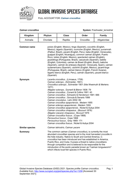 Caiman Crocodilus Global Invasive