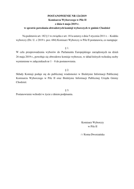 POSTANOWIENIE NR 124/2019 Komisarza Wyborczego W Pile II Z Dnia 6 Maja 2019 R