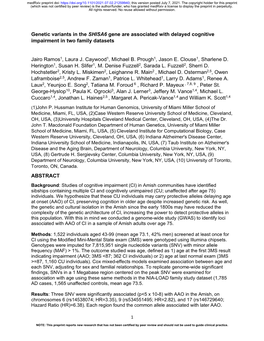 Genetic Variants in the SHISA6 Gene Are Associated with Delayed Cognitive Impairment in Two Family Datasets