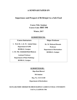 A SEMINAR PAPER on Importance and Prospect of Bt Brinjal As a Safe Food
