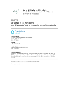 Revue D'histoire Du Xixe Siècle, 25 | 2002, « Le Temps Et Les Historiens » [Online], Online Since 01 November 2004, Connection on 22 September 2020