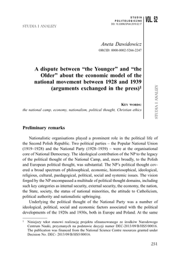 A Dispute Between “The Younger” and “The Older” About the Economic Model of the National Movement Between 1928 and 1939 (Arguments Exchanged in the Press)1