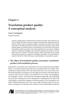 Chapter 2 Translation Product Quality: a Conceptual Analysis Sonia Vandepitte Ghent University