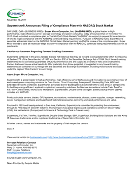Supermicro® Announces Filing of Compliance Plan with NASDAQ Stock Market