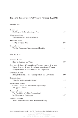 To Environmental Values Volume 20, 2011