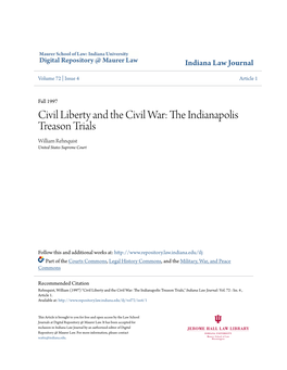 Civil Liberty and the Civil War: the Ndii Anapolis Treason Trials William Rehnquist United States Supreme Court