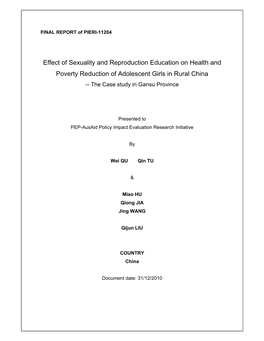Effect of Sexuality and Reproduction Education on Health and Poverty Reduction of Adolescent Girls in Rural China -- the Case Study in Gansu Province