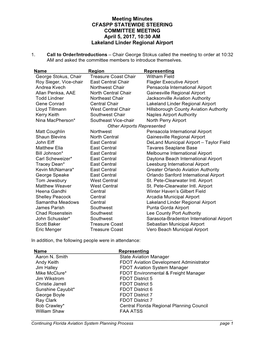 Meeting Minutes CFASPP STATEWIDE STEERING COMMITTEE MEETING April 5, 2017, 10:30 AM Lakeland Linder Regional Airport