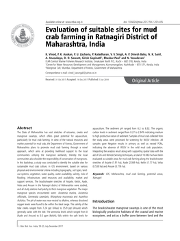 Evaluation of Suitable Sites for Mud Crab Farming in Ratnagiri District of Maharashtra, India