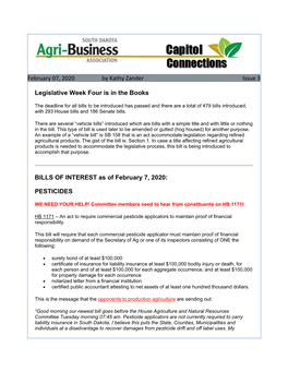 February 07, 2020 by Kathy Zander Issue 3 Legislative Week Four Is in the Books BILLS of INTEREST As of February 7, 2020: PE