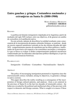 Entre Gauchos Y Gringos. Costumbres Nacionales Y Extranjeras En Santa Fe (1880-1900)