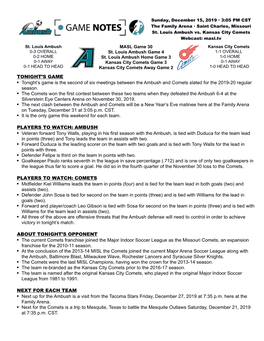 St. Louis Ambush Game Notes 121519 EARLY