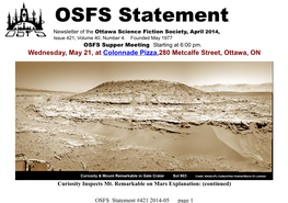 OSFS Statement. Newsletter of the Ottawa Science Fiction Society, April 2014, Issue 421, Volume 40, Number 4