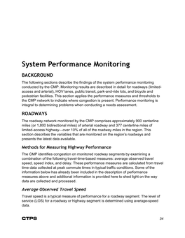 System Performance Monitoring BACKGROUND the Following Sections Describe the Findings of the System Performance Monitoring Conducted by the CMP