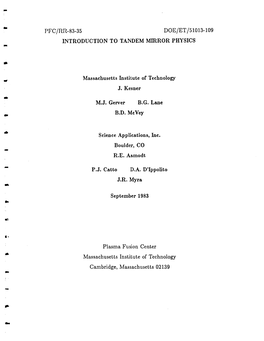 Pfc/Rr-83-35 Doe/Et/51013-109 Introduction to Tandem Mirror Physics