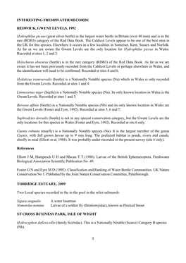 INTERESTING FRESHWATER RECORDS REDWICK, GWENT LEVELS, 1992 Hydrophilus Piceus