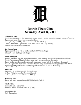 Detroit Tigers Clips Saturday, April 16, 2011