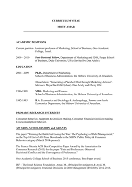 CURRICULUM VITAE MOTY AMAR ACADEMIC POSITIONS Current Position