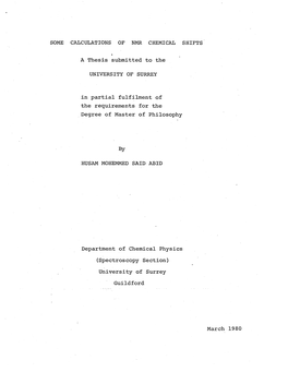 SOME CALCULATIONS of NMR CHEMICAL SHIFTS a Thesis