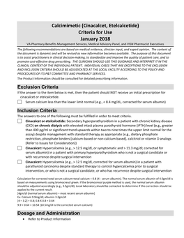 Calcimimetic (Cinacalcet, Etelcalcetide) Criteria for Use January 2018