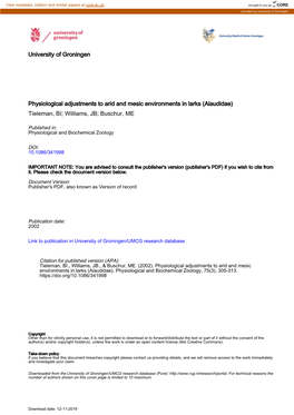 Physiological Adjustments to Arid and Mesic Environments in Larks (Alaudidae) Tieleman, BI; Williams, JB; Buschur, ME