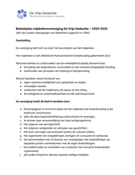 Beleidsplan Vrijdenkersvereniging De Vrije Gedachte – 2020-2025 (Één Der Oudste Verenigingen Van Nederland Opgericht in 1856)