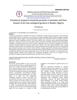 Prevalence of Gastro-Intestinal Parasites in Primates and Their Keepers from Two Zoological Gardens in Ibadan, Nigeria