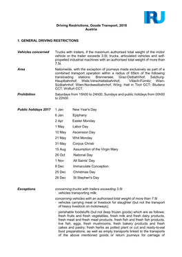 Driving Restrictions, Goods Transport, 2018 Austria 1. GENERAL DRIVING RESTRICTIONS Vehicles Concerned Trucks with Trailers, If