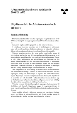 Bet. 2008/09:AU2 Utgiftsområde 14 Arbetsmarknad Och Arbetsliv