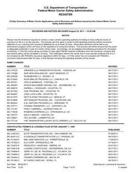 U.S. Department of Transportation Federal Motor Carrier Safety Administration REGISTER