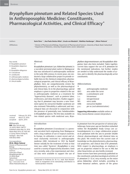 Bryophyllum Pinnatum and Related Species Used in Anthroposophic Medicine: Constituents, Pharmacological Activities, and Clinical Efficacy*